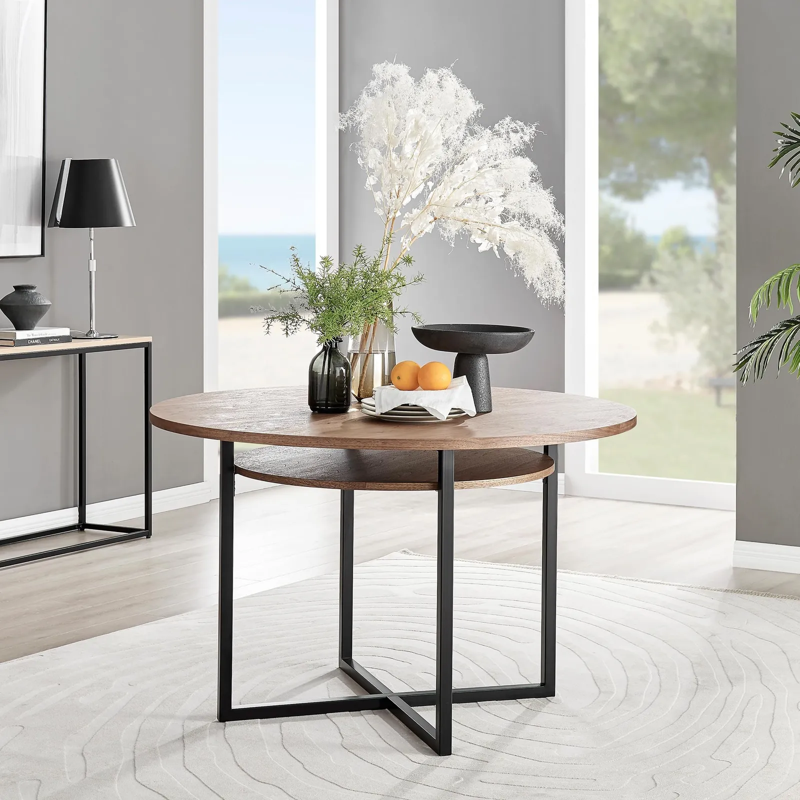 FurnitureboxUK Adley Round 120cm Dining Table With Storage Shelf in Brown 1
