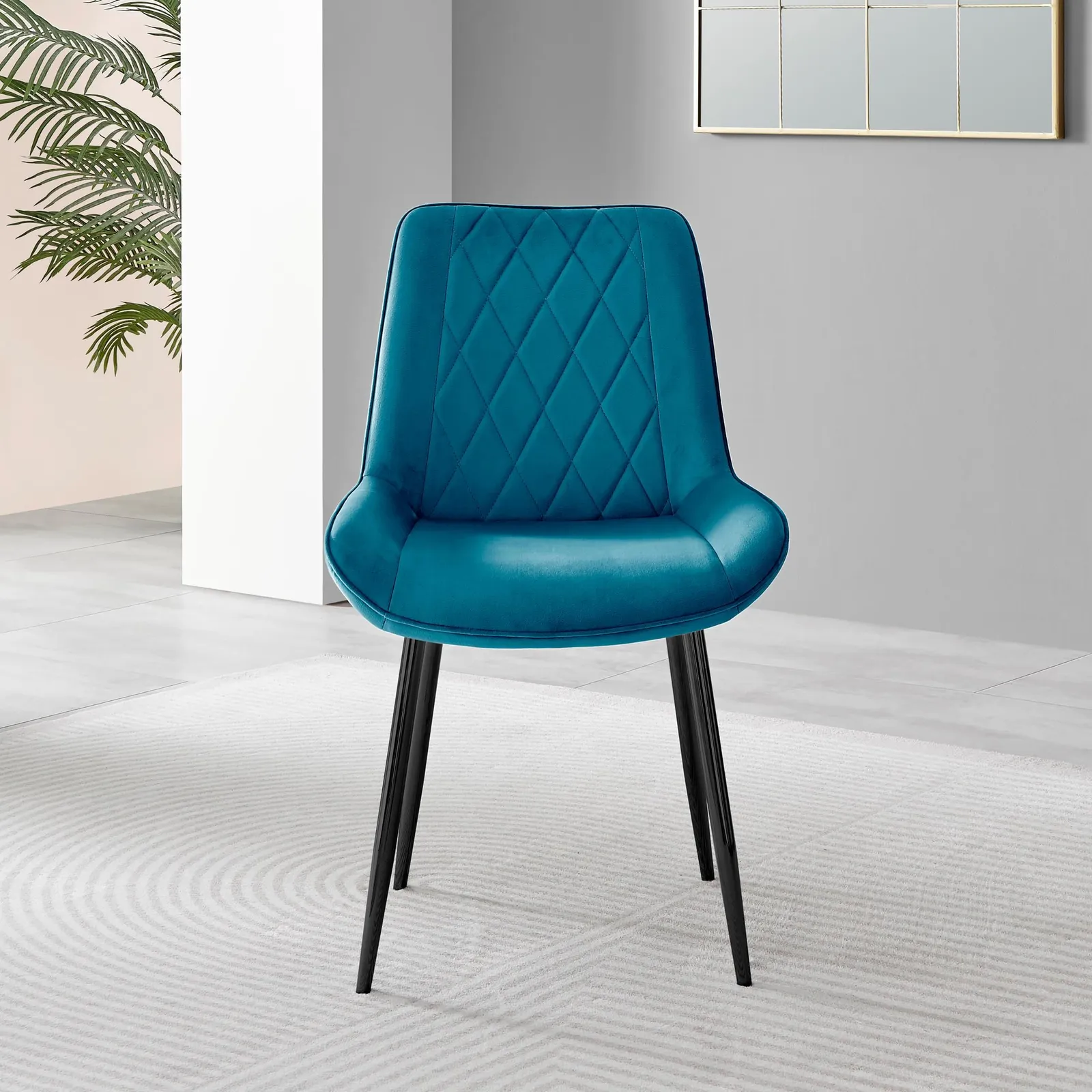FurnitureboxUK Set of 2 Pesaro Luxury Velvet Dining Chairs With Diamond Stitched Back & Black Metal Legs in Blue 5