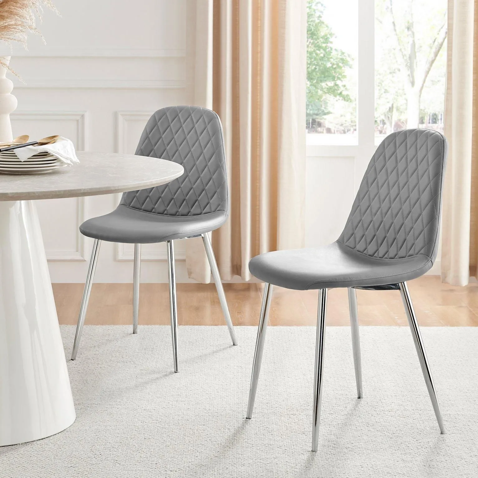 FurnitureboxUK 2x Corona Silver Leg Faux Leather Dining Chair in Grey