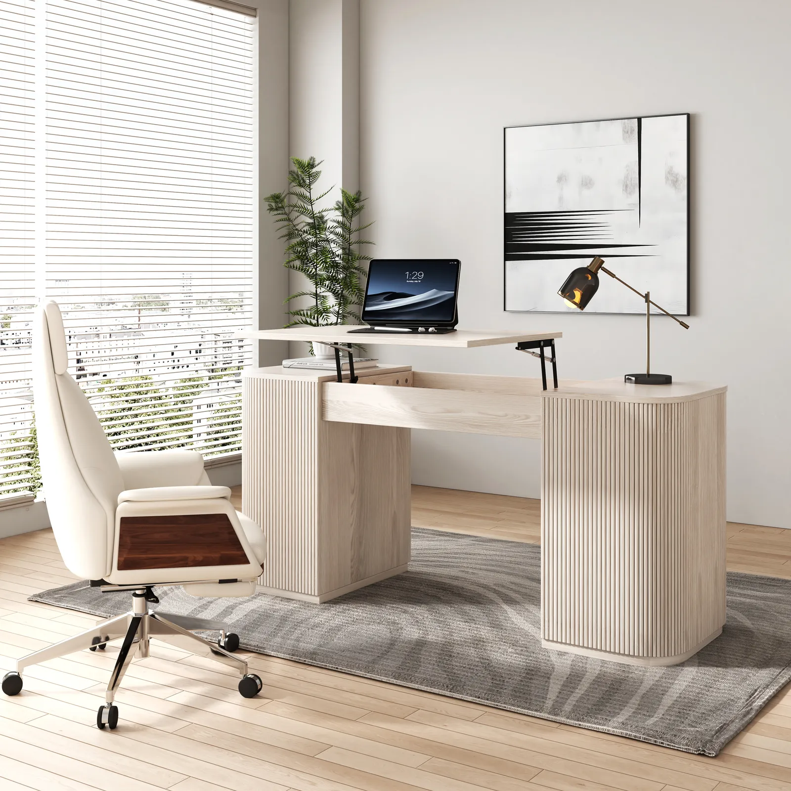 Modern Wash White Standing Computer Desk & Upholstered Swivel Task Chair Set (1500mm )