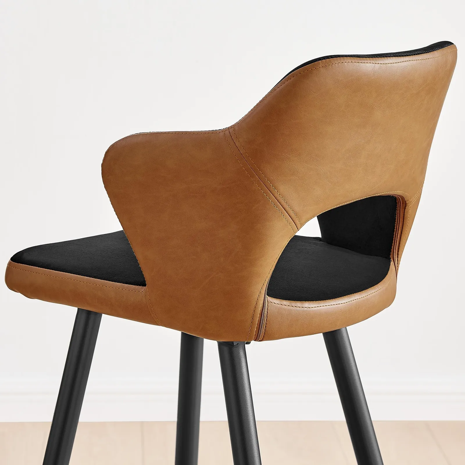 FurnitureboxUK Kai 2x Black Velvet Tan Faux Leather Black Leg Counter Stools 4
