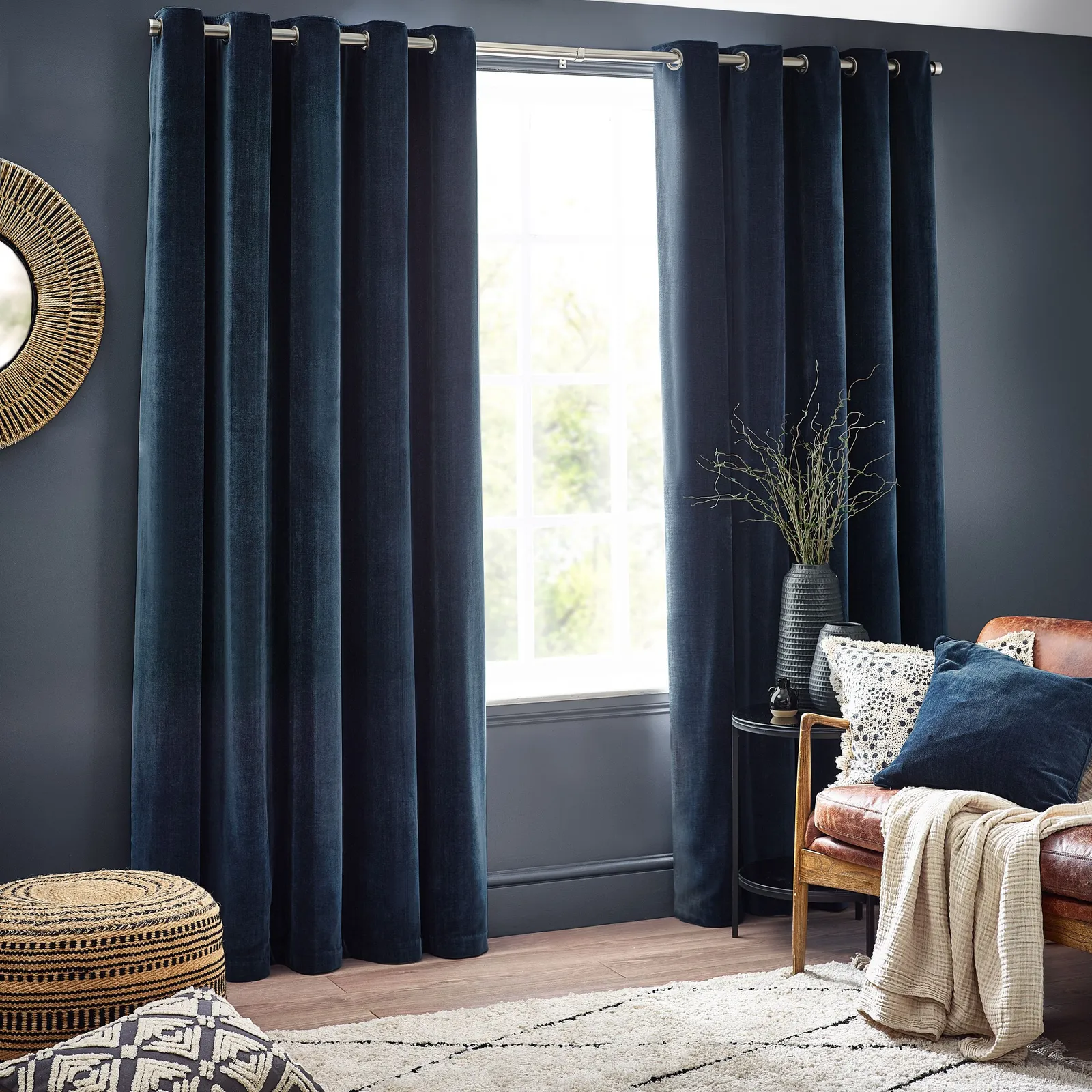 Yard Heavy Chenille Velvet Room Darkening Eyelet Curtain Pair in Navy 2