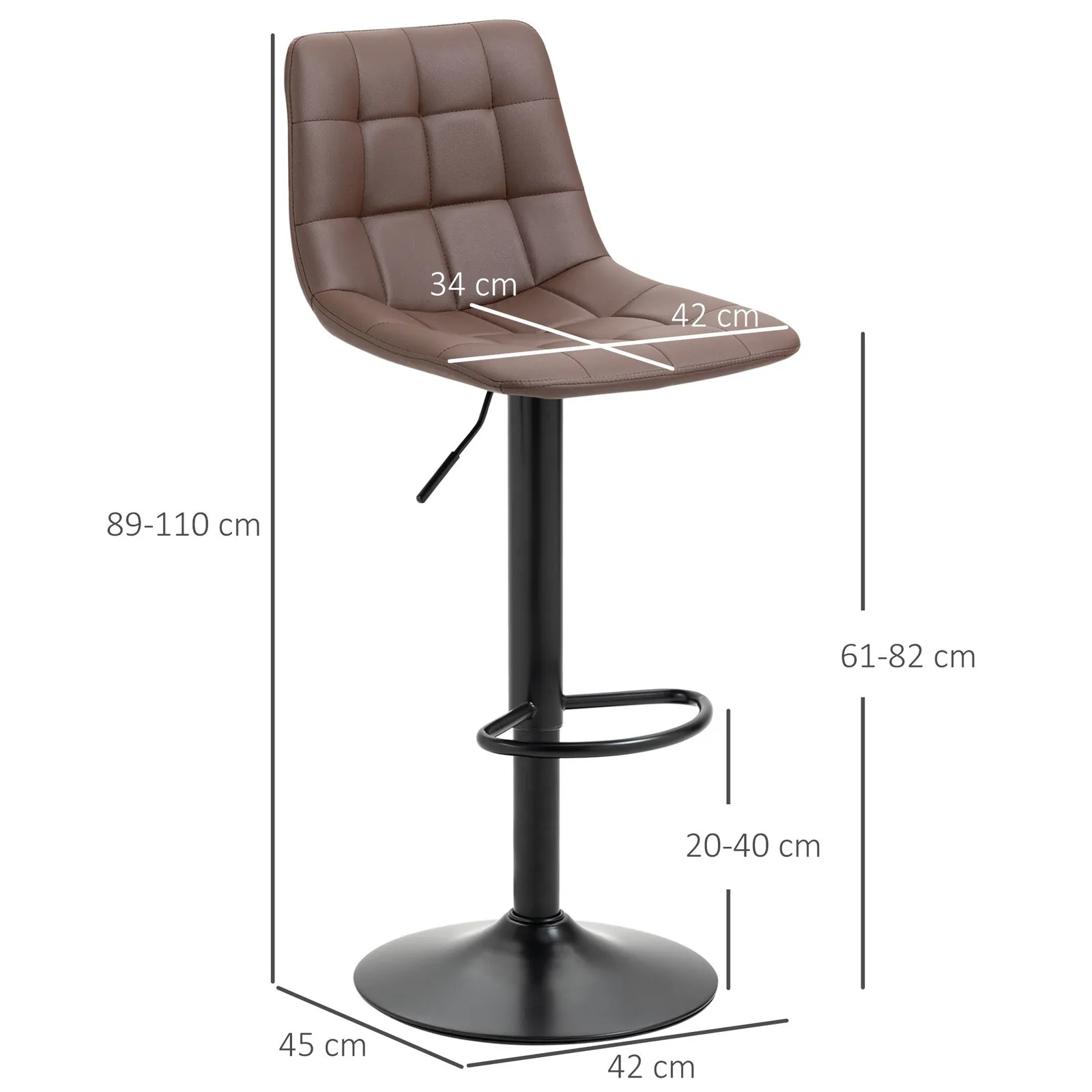 HOMCOM Stools Set of 2 Adjustable Breakfast Dining Stools for Home Kitchen in Brown 3