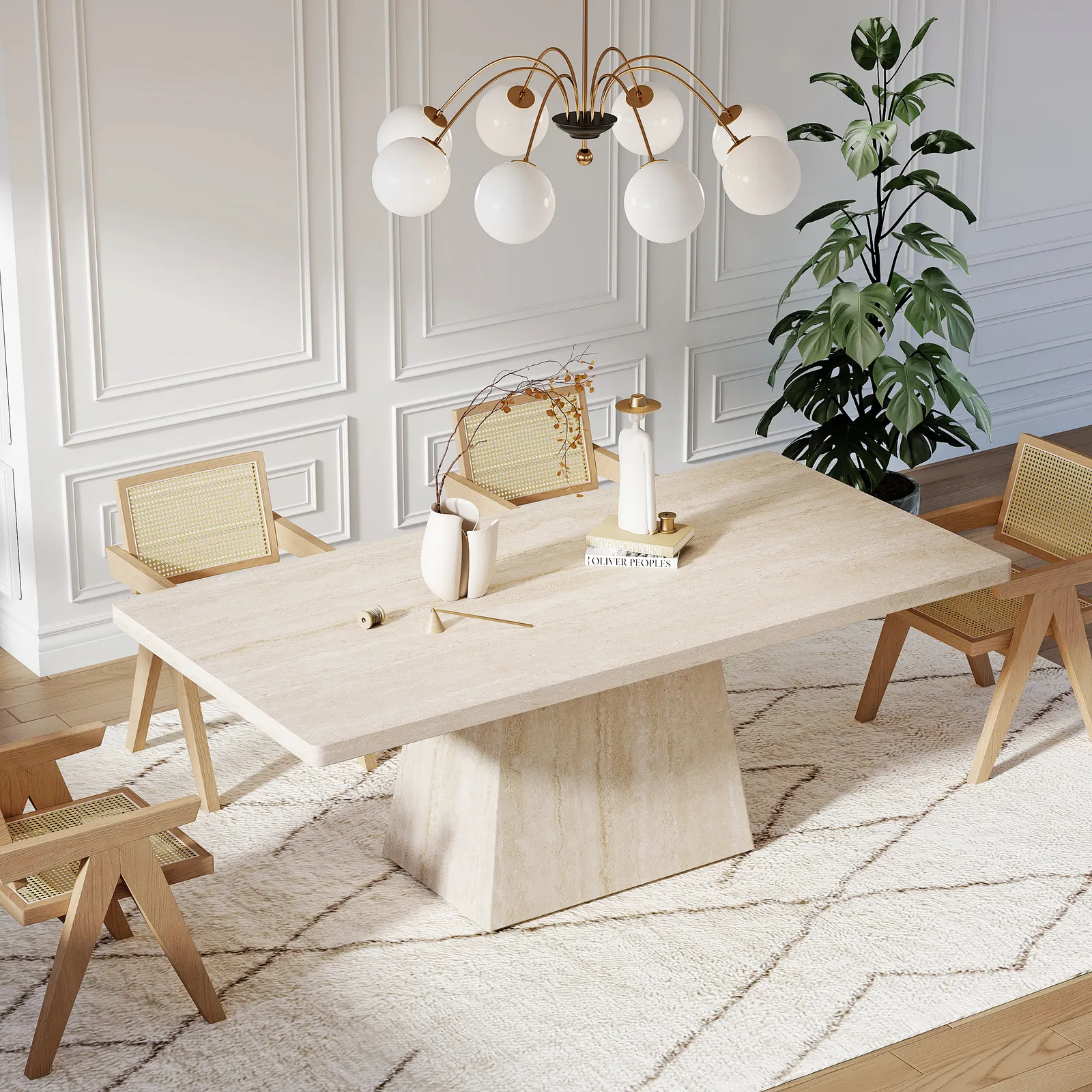 200 cm Modern Rectangular Faux Travertine Dining Table, Indoor/Outdoor, Seats 6-8