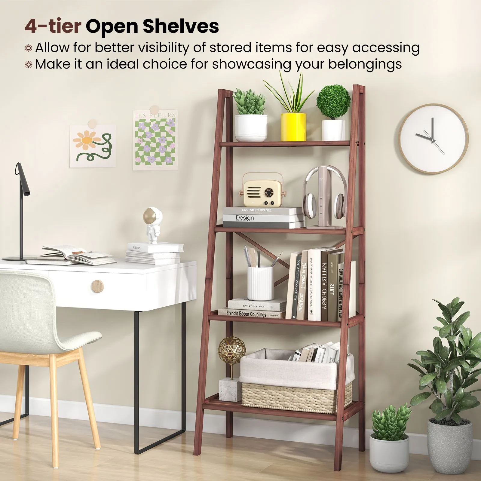 Costway Bamboo Ladder Bookshelf 4-Tier Freestanding Bookcase in Brown 6
