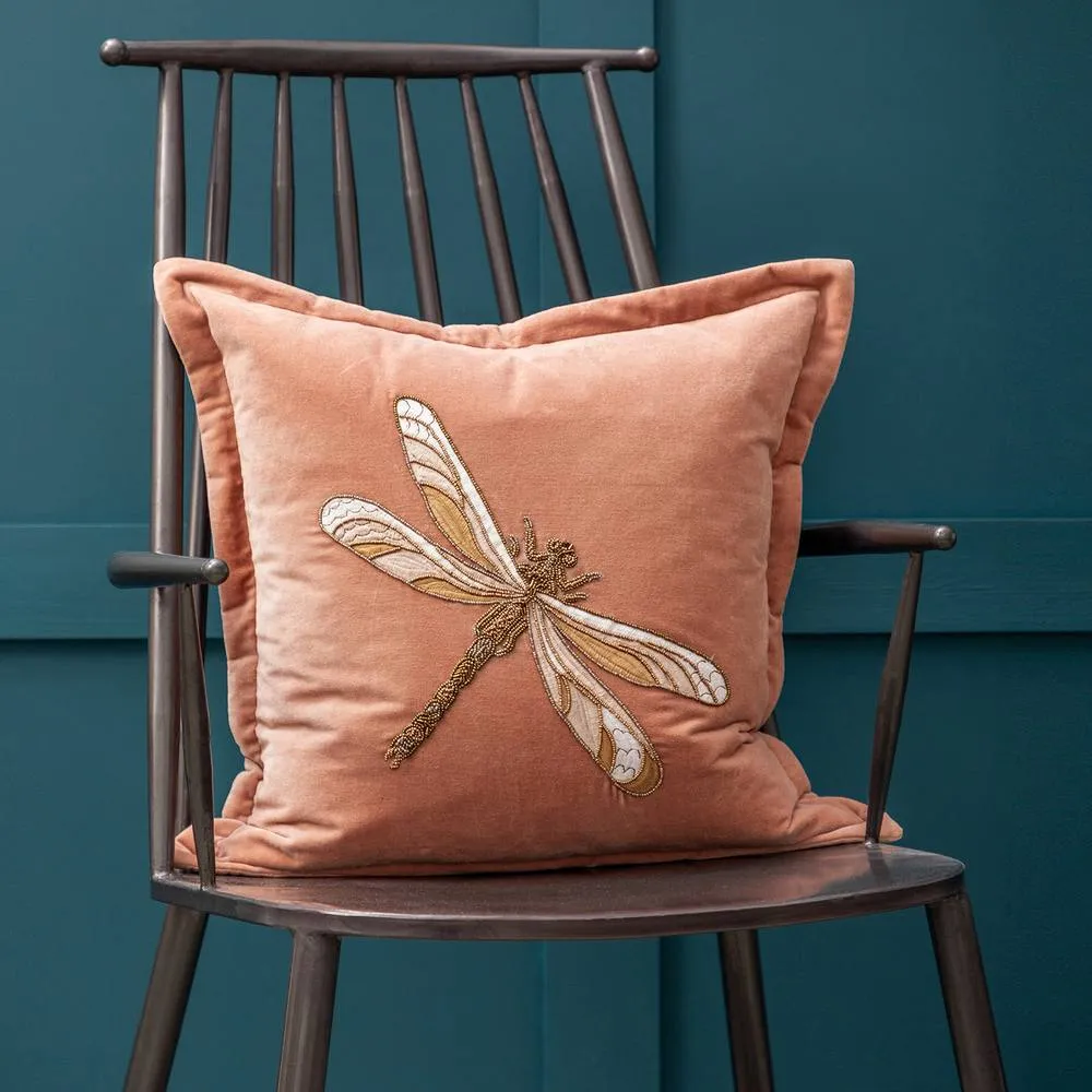 Voyage Maison Aria Velvet Embroidered Dragonfly Cushion in Pink 1