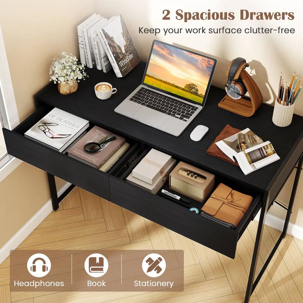 Costway Computer Desk Compact Writing Desk with 2 Drawers in Black 4