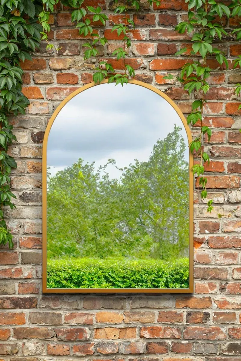 MirrorOutlet Gold Metal Framed Arched Garden Wall Mirror 39" X 27" (100CM X 70CM)