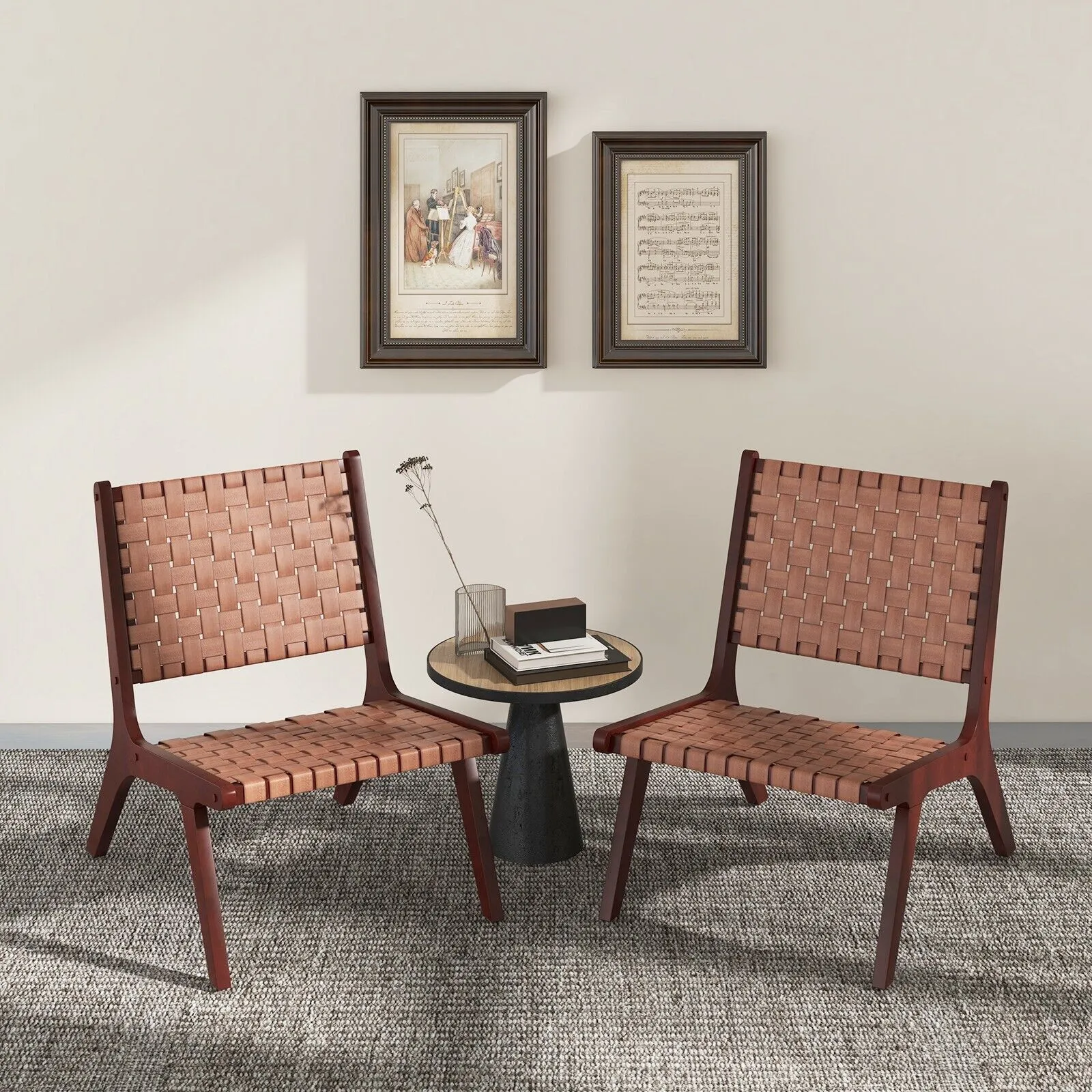 Costway Set of 2 Modern Woven Leather Accent Chair Living Room Lounge Chair W/ Wood Frame in Brown 4