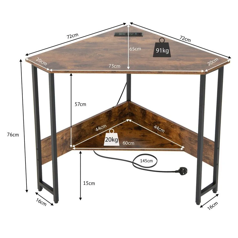 Costway Corner Desk 90-degree Triangle Computer Desk Laptop Desk w/Power Outlet in Brown 2