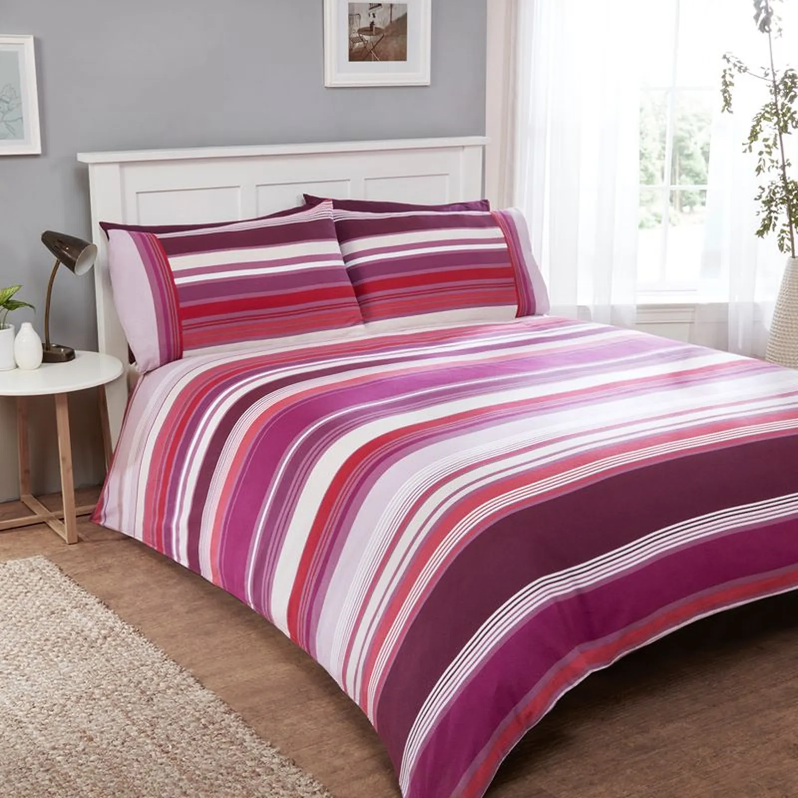 Rapport Home Stratford Stripe Cotton Duvet Cover Set With Pillowcase in Purple