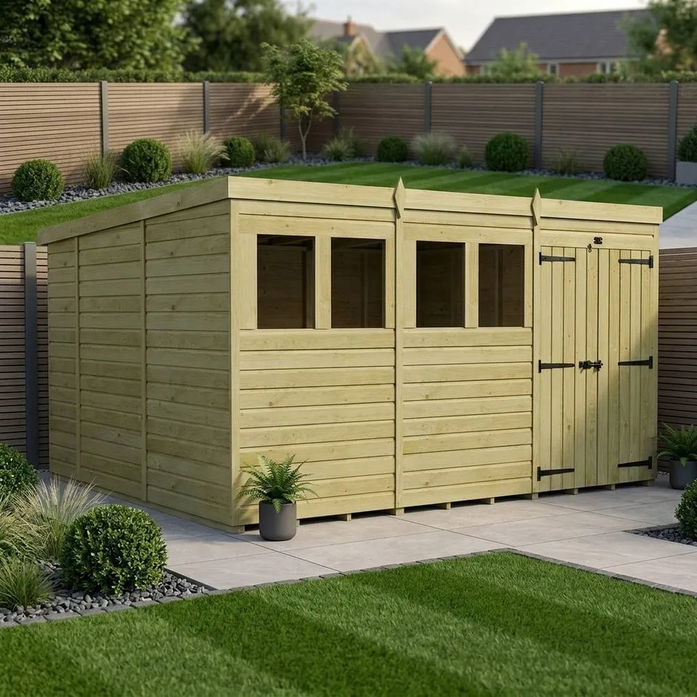 Buttercup Farm 12ft x 10ft Pent Garden Shed Double Door With Windows - Timber in Brown 2