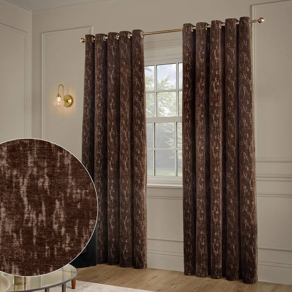 Paoletti Aurelio Chenille Lined Eyelet Curtain Pair Chocolate 117Cm Width 137Cm Drop, Brown
