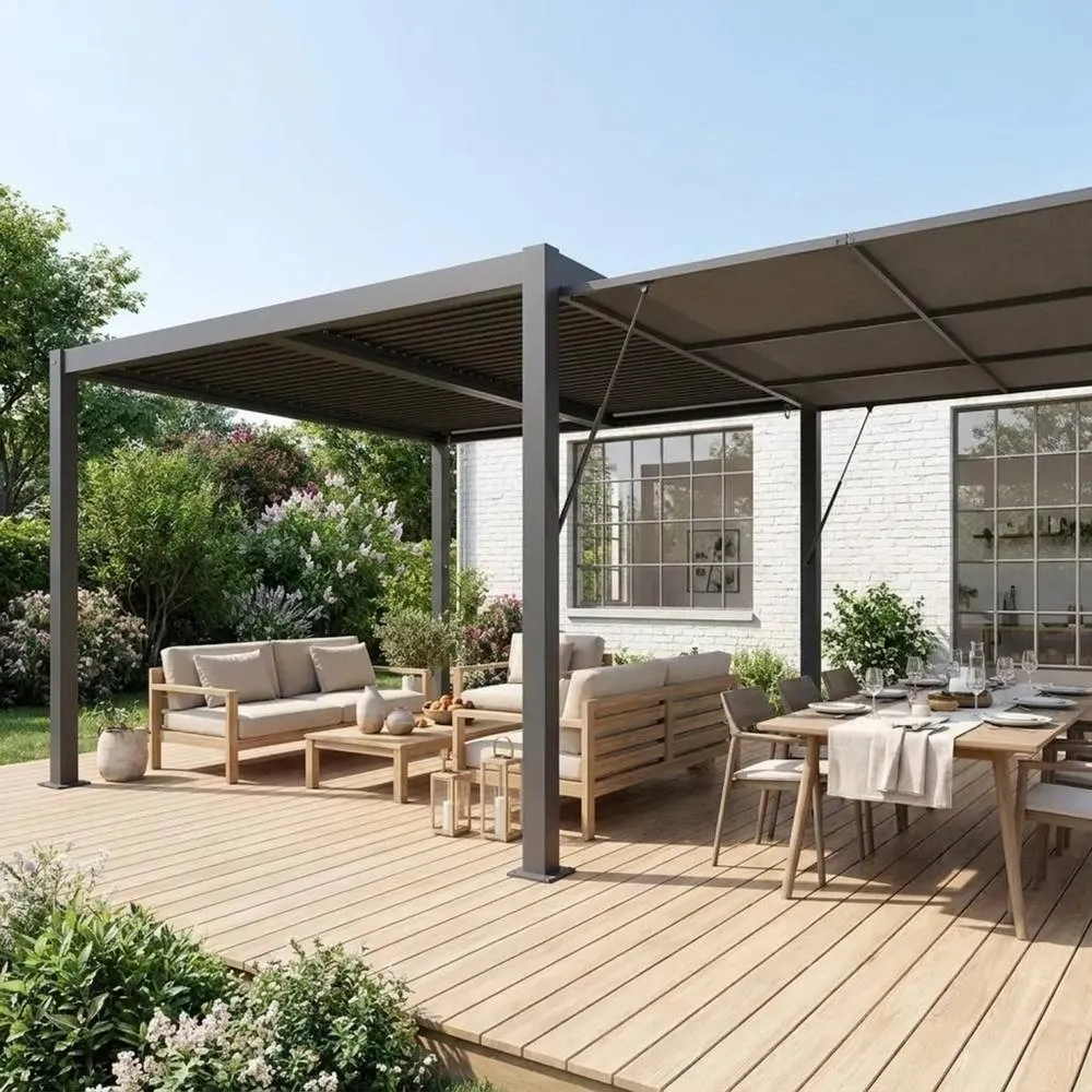 sweeek Louvered pergola 4x3m & 4m awning in Dark Grey