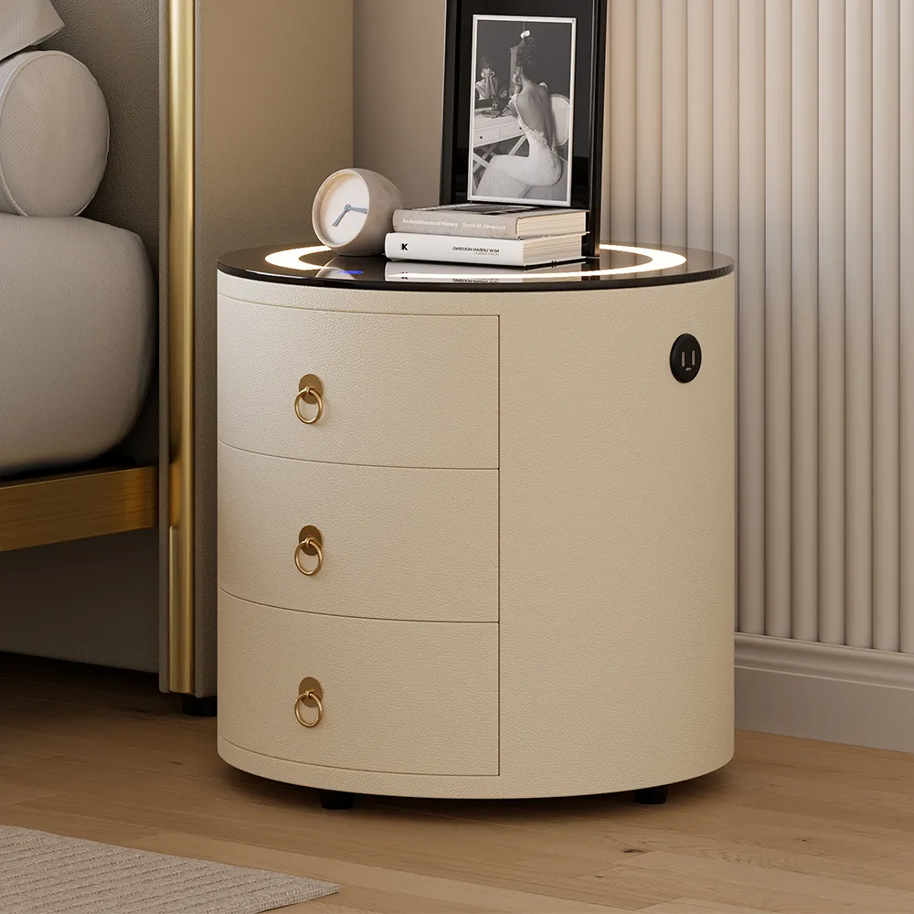Round PU Leather Bedside Table with Wireless Charging & Speakers & USB Port Modern Off-White Bedside Table