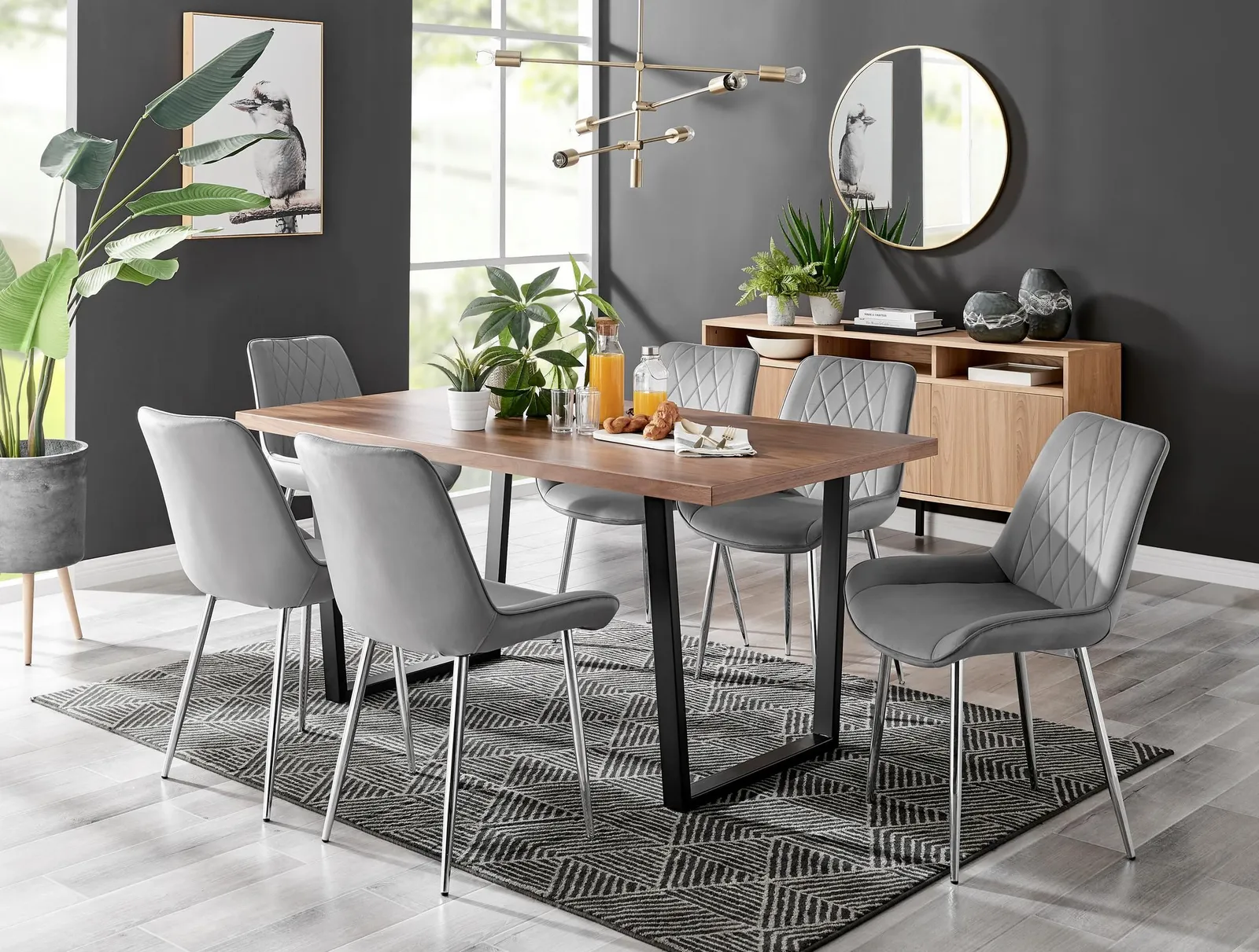 FurnitureboxUK Kylo Large Brown Wood Effect Dining Table & 6 Pesaro Velvet Silver Leg Chairs in Grey