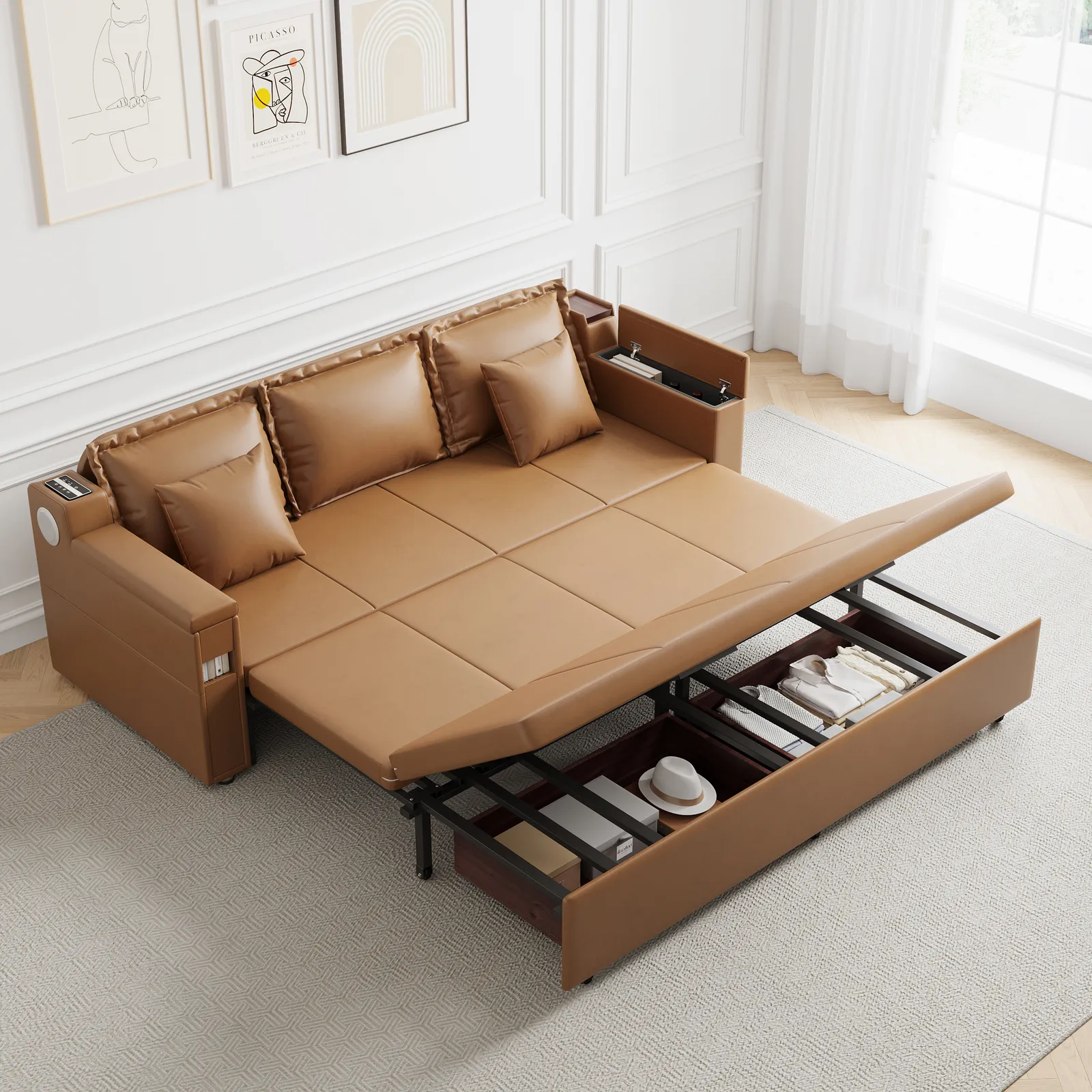 2100mm  Convertible Bed Full Sleeper Sofa Leather Upholstered Storage with Speaker