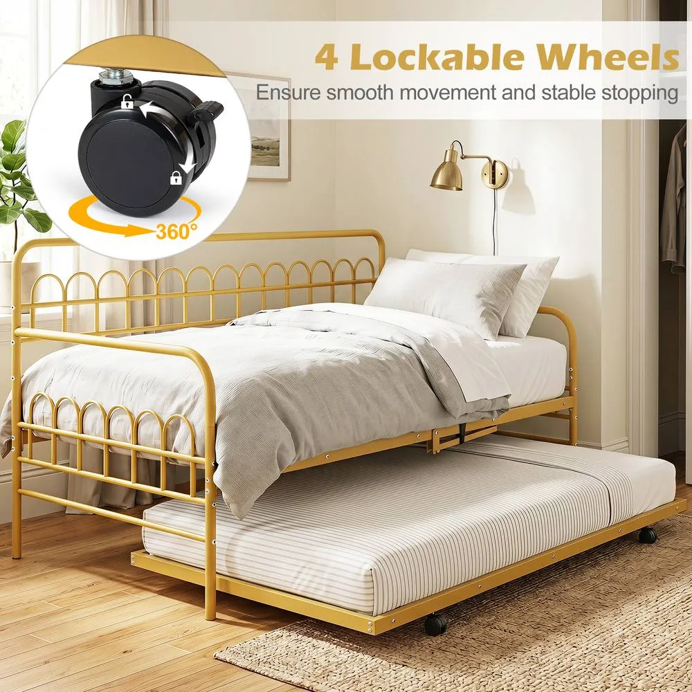 Costway Single Daybed with Trundle Metal Sofa Bed w/Curved Backrest in Gold 6