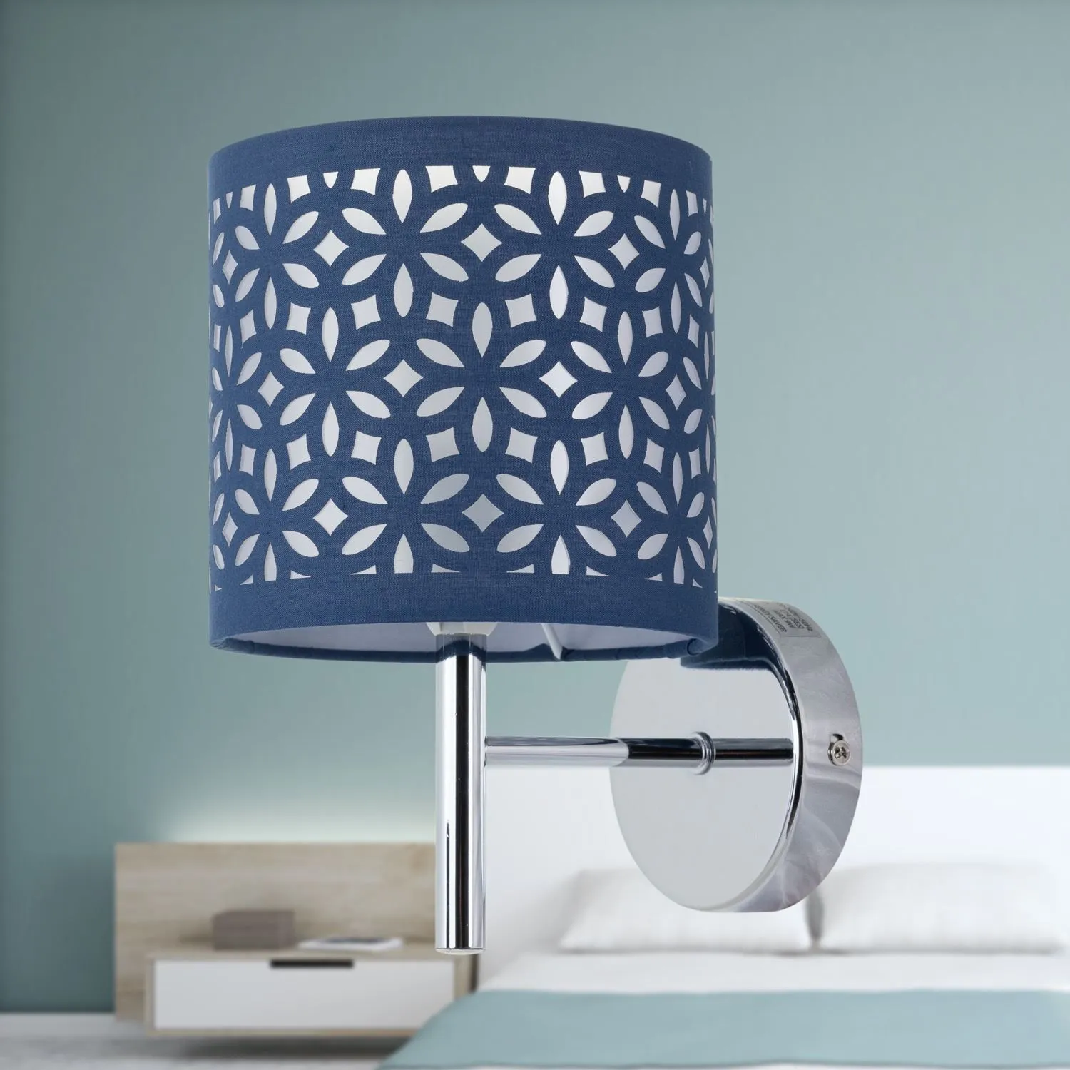 First Choice Lighting Brea - Chrome Wall Light with Navy Blue Cut Out Shade in Silver 3