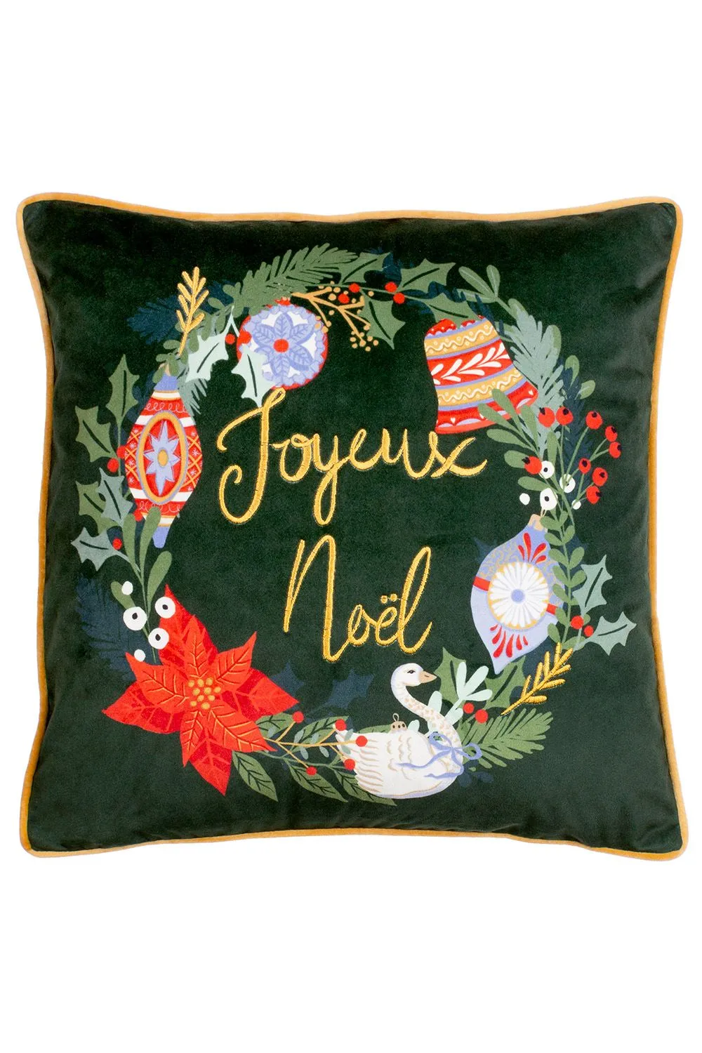 Furn Deck The Halls Embroidered Printed Piped Velvet Cushion in Dark Green