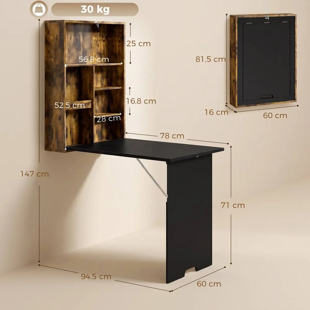 HOMCOM Folding Wall-Mounted Drop-Leaf Table Chalkboard Shelf Rustic Brown 3