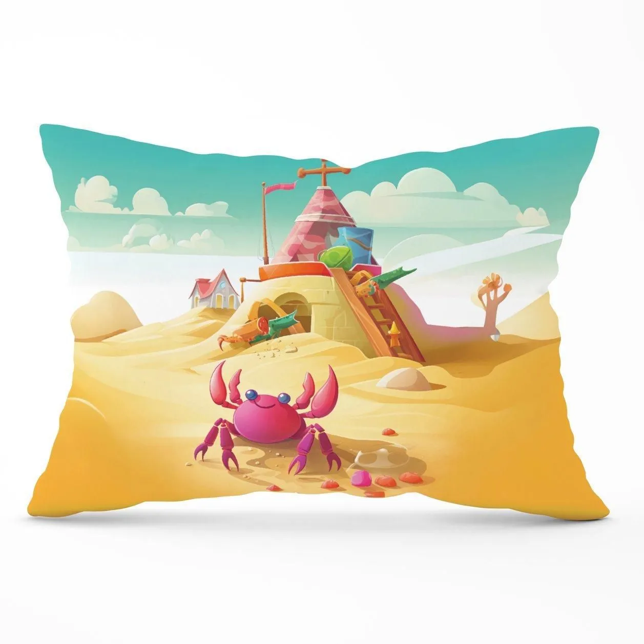 Warren Reed - Designer Pink Crab On A Beach Holiday Cushions in Yellow