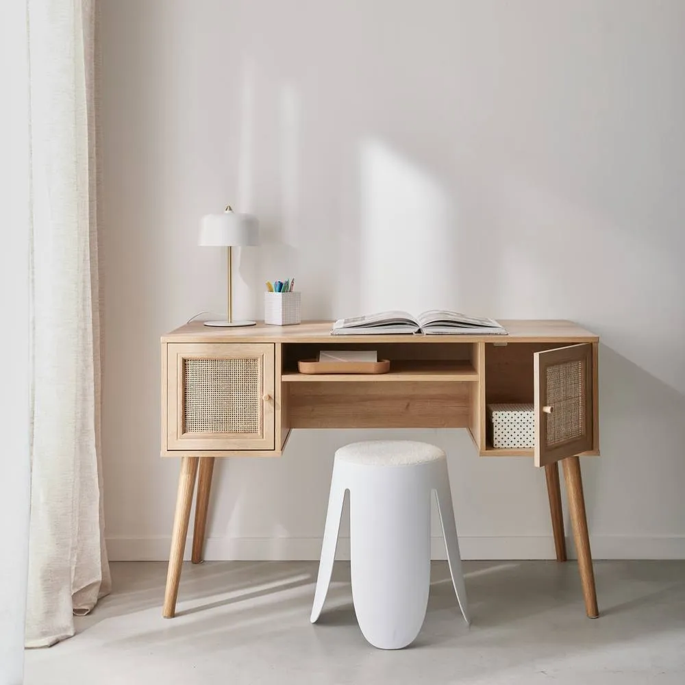 sweeek 2-door Desk With Wood & Cane Effect in Light Brown 2