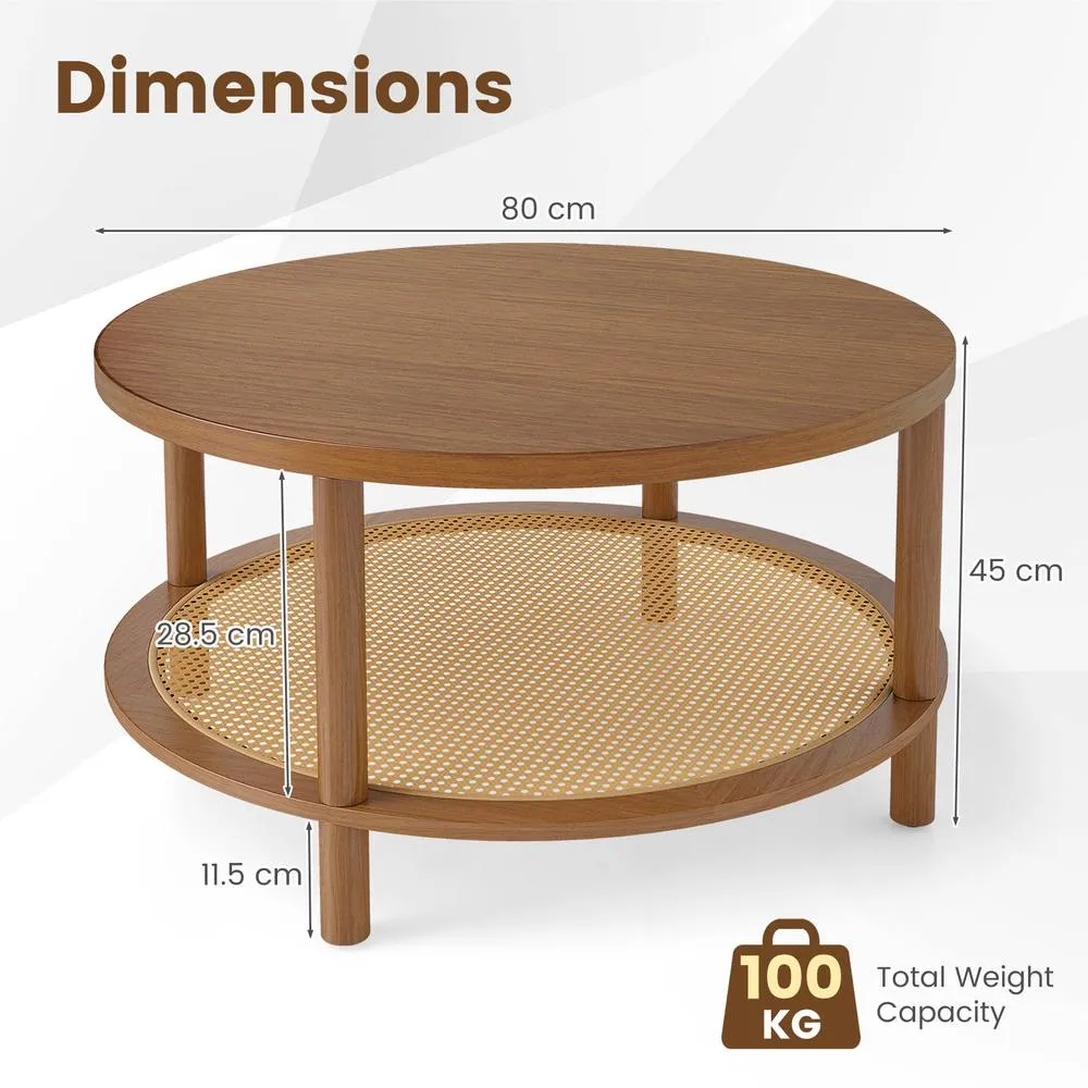 Costway Rattan Coffee Table 2-Tier Round Center Table with Wood Veneered Top in Brown 2