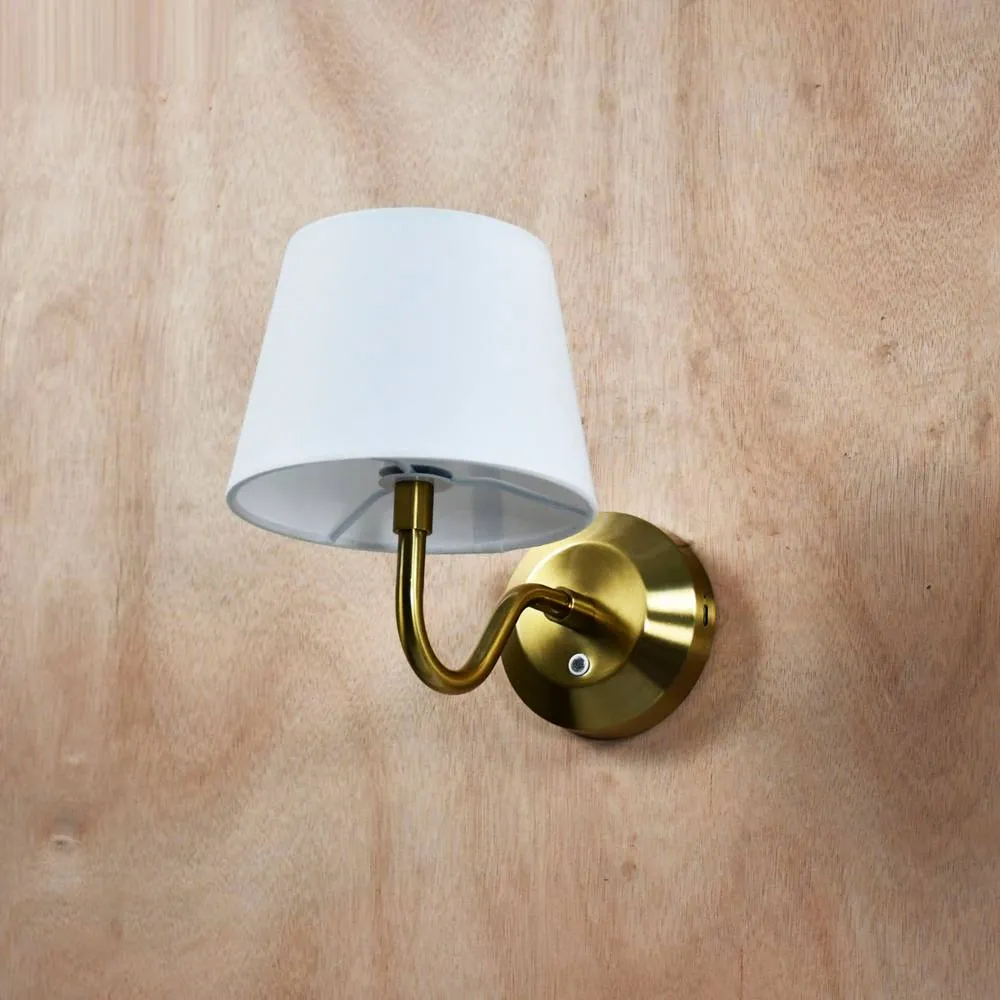 First Choice Lighting Set of 2 Hamilton - Brass Rechargeable Wall Lights with White Shades in Gold 4