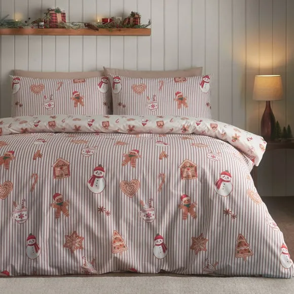 Catherine Lansfield Christmas Gingerbread Stripe Duvet Cover & Pillowcase Set 1