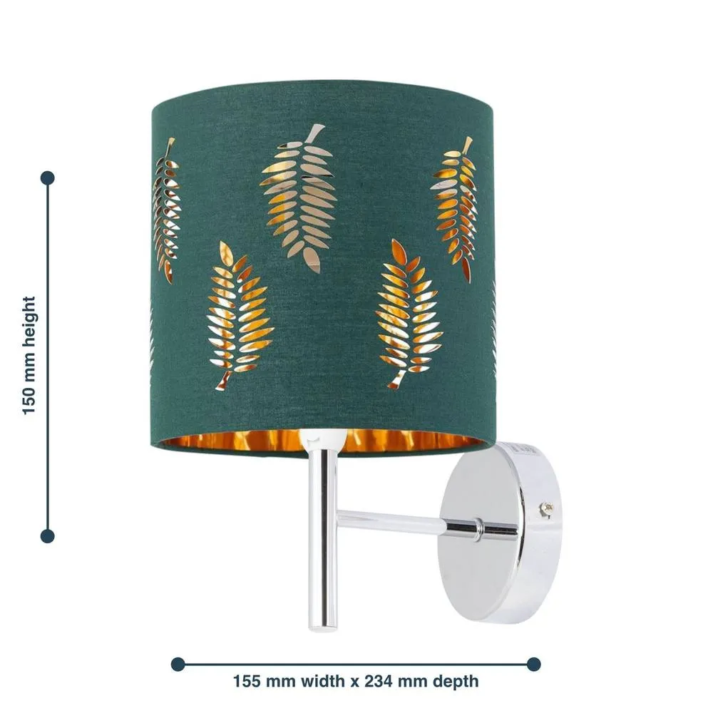 First Choice Lighting Set of 2 Brea - Chrome Wall Lights with Dark Green Fern Shades in Silver 6