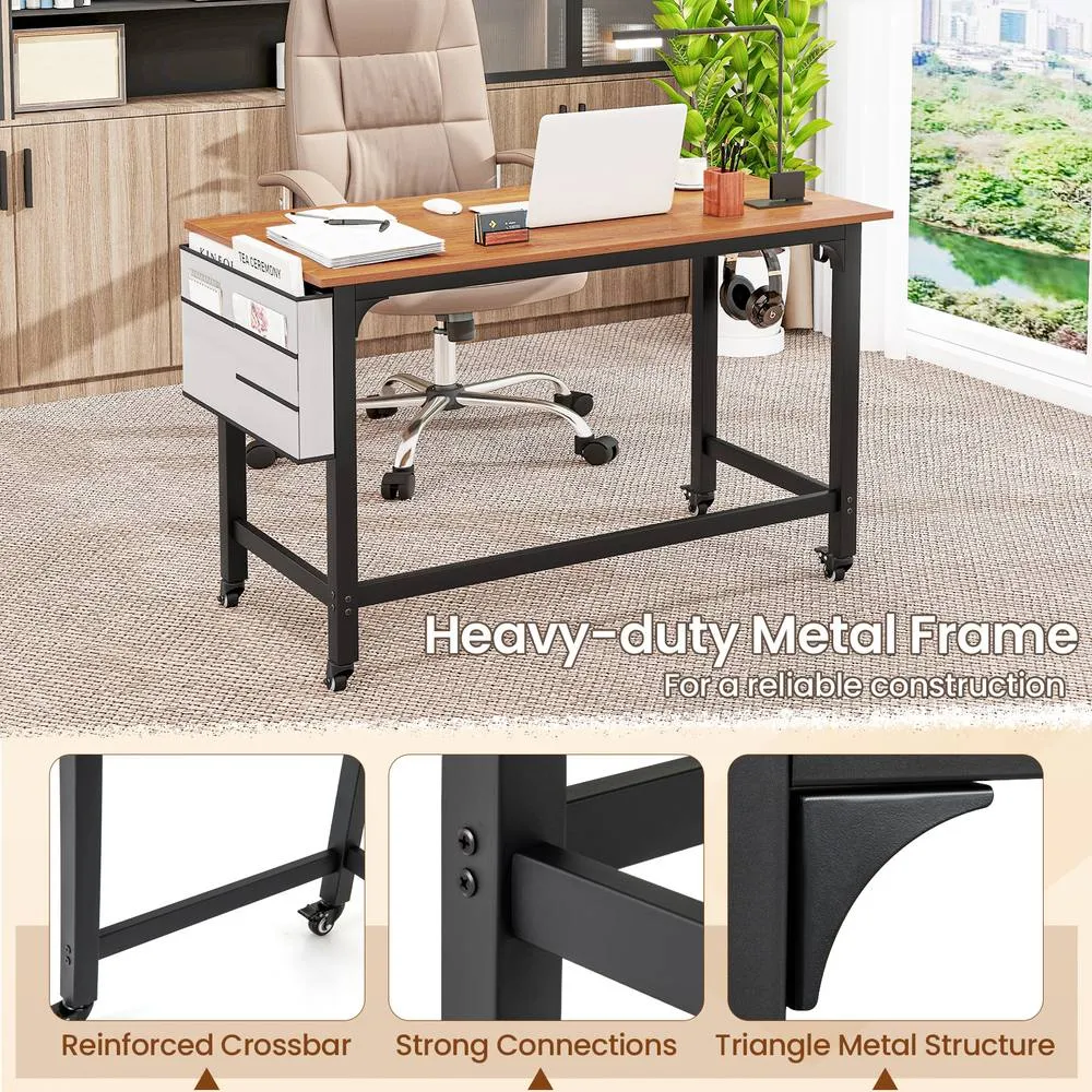 Costway Mobile Computer Desk 120cm Home Office Desk w/ Storage Bag-Teak in Brown 4