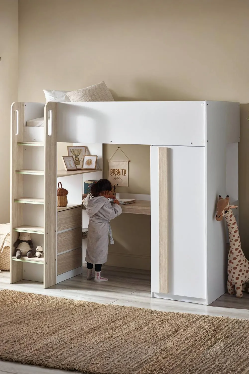 Julian Bowen Ocean Single White & Wood Effect Highsleeper Loft Bed with Desk