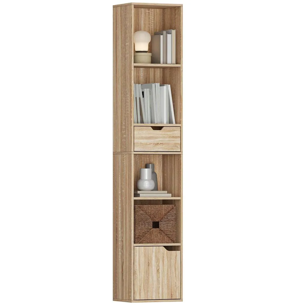 HOMCOM Narrow Bookshelf with Drawer, Tall Bookcase for Living Room in Natural 2
