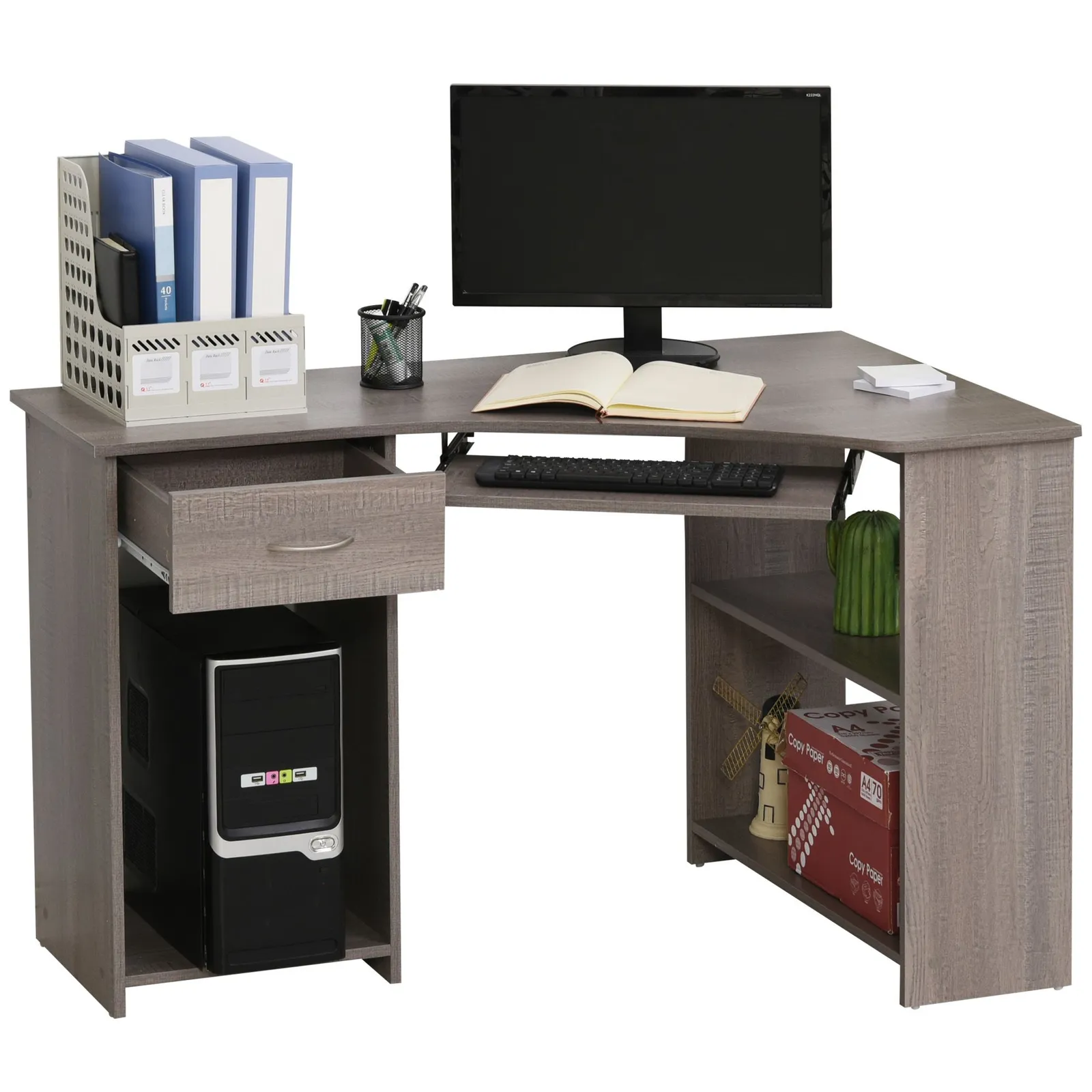 HOMCOM L-Shaped Corner Computer Desk w/ 2 Shelves Worktop Keyboard Tray in Grey 2