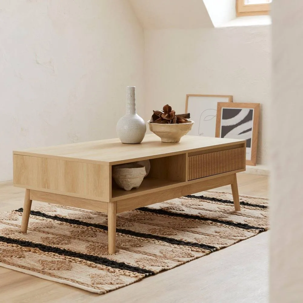 sweeek Grooved Wood Detail Coffee Table in Light Brown