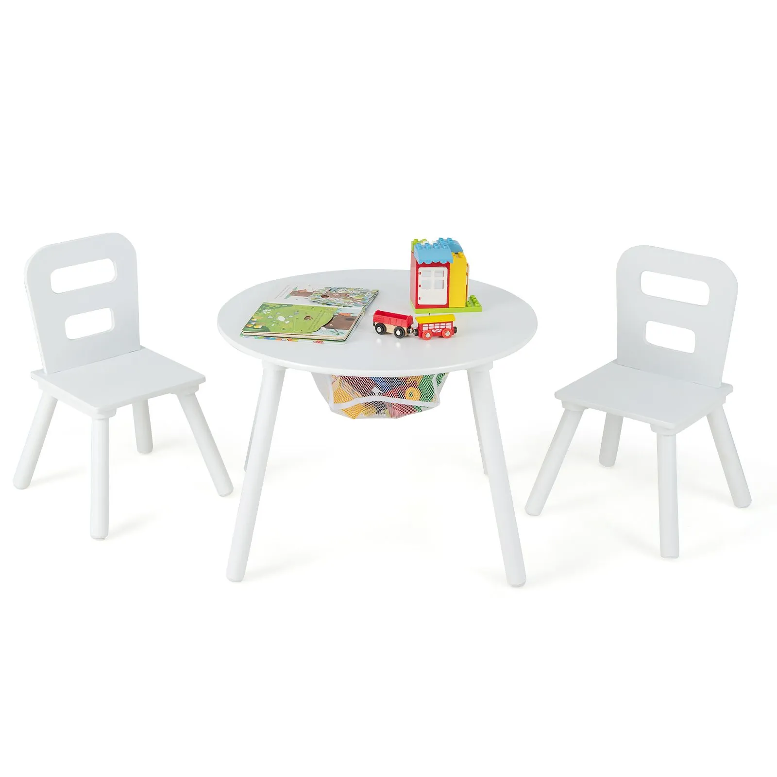 Costway Round Table & Chair Set 3 Pcs Wooden Activity Table in White 2
