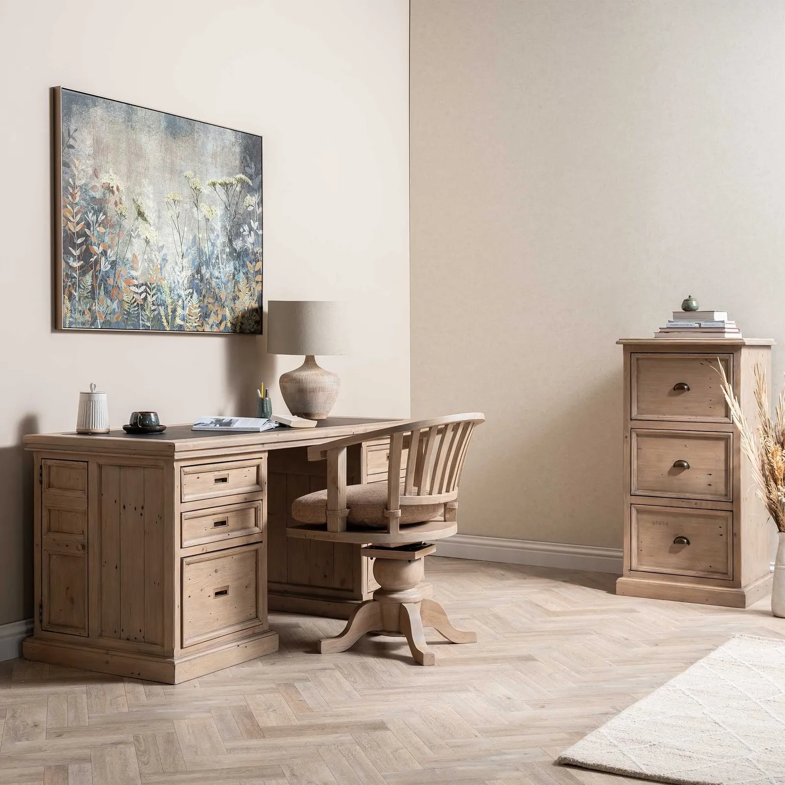 Verberie Desk Top With Vinyl Inlay & Drawers, Neutral Wood | Barker & Stonehouse 2