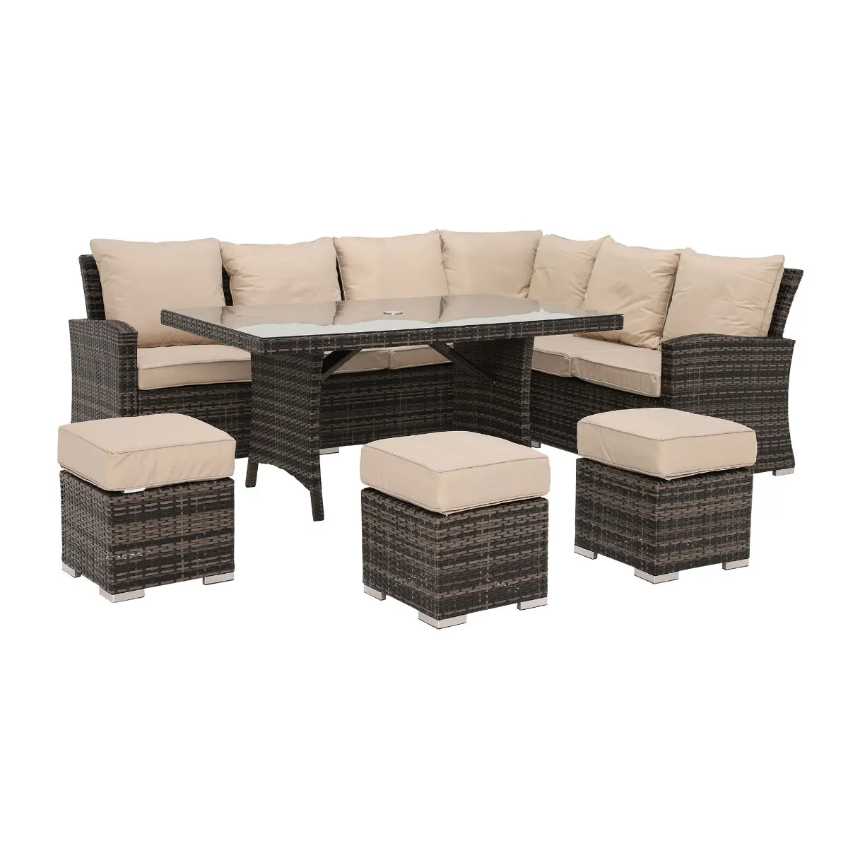 Beadnell Corner Garden Dining Set in Brown Weave and Beige Fabric