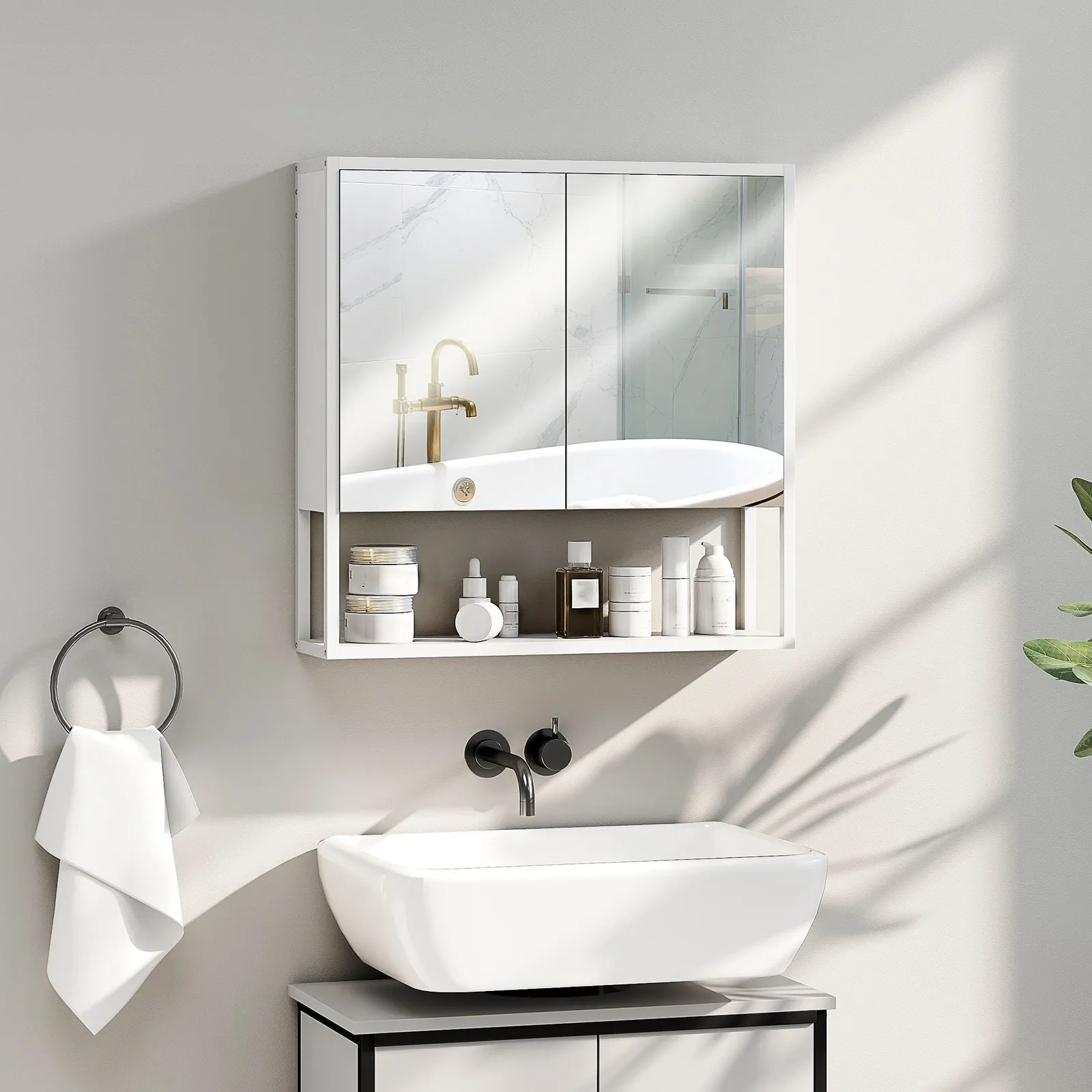 HOMCOM Industrial Bathroom Cabinet with 2 Mirrored Doors Open Shelf, White