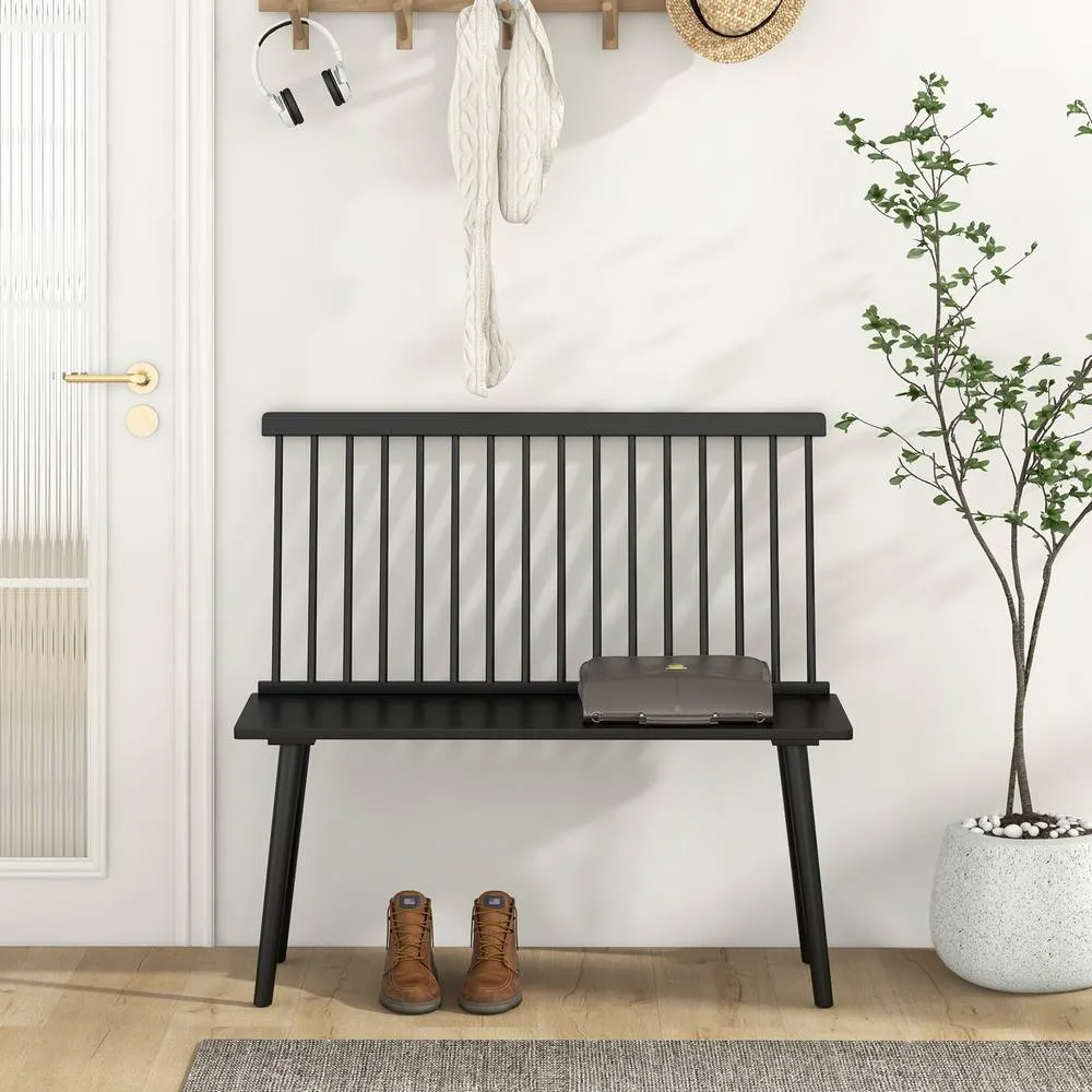 Costway Entryway Bench for 2 Rubber Wood Windsor Bench Loveseat w/ Backrest in Black