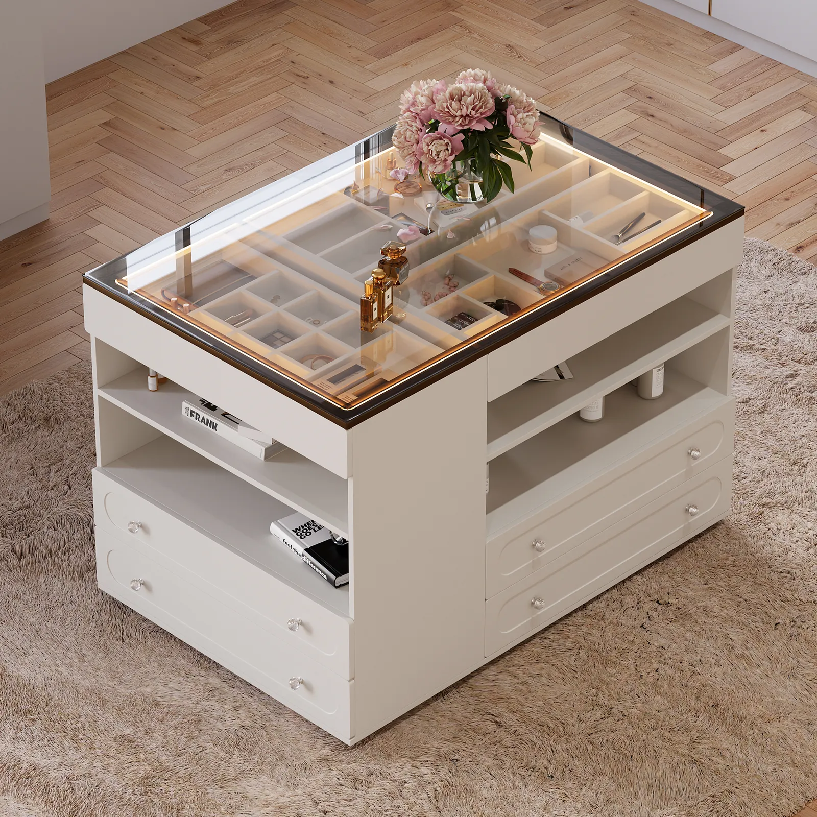 Modern Dresser Width of 120 cm with Jewellery Storage Walk-in Wardrobe Island with LED Light