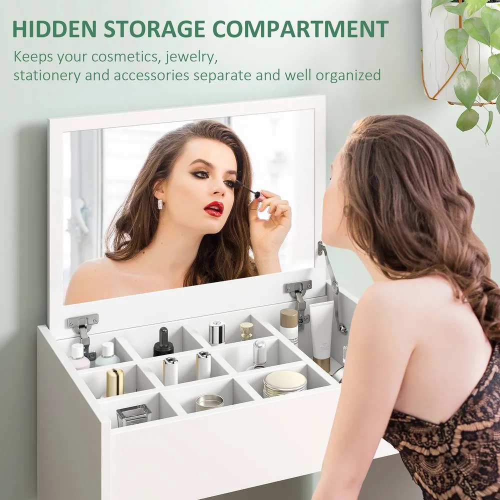 HOMCOM Dressing Table Set Padded Stool with Flip-up Mirror Multi-purpose in White 5
