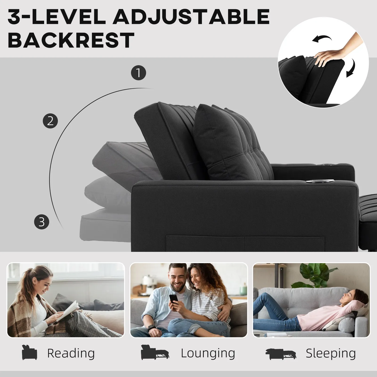 HOMCOM 2 Seater Pull Out Sofa Bed with Pockets for Living Room Black 6