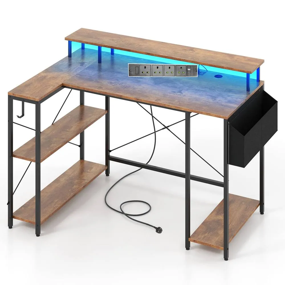 Costway L-Shaped Gaming Desk 120 cm Computer Desk with LED Lights in Brown