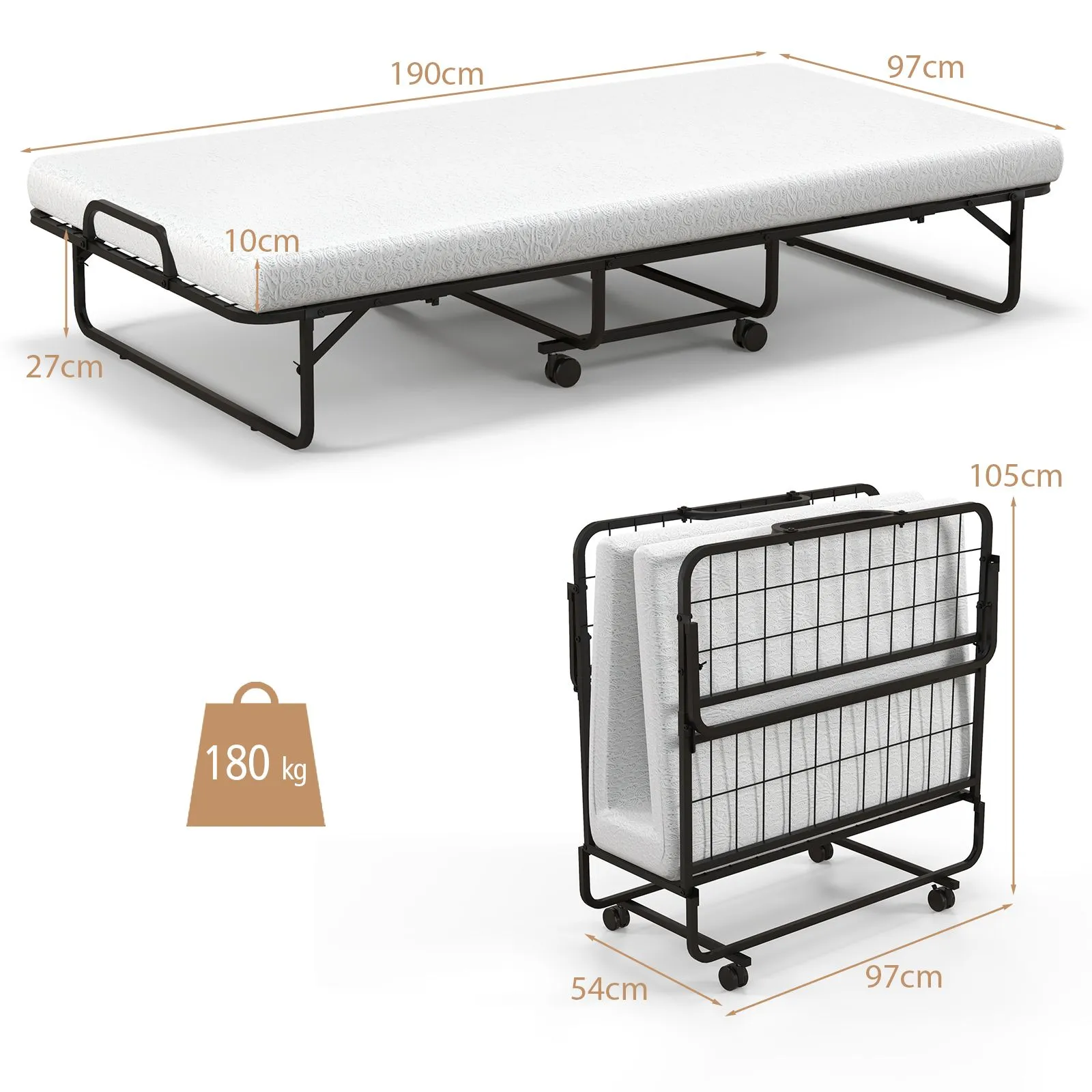 Costway Folding Bed Rollaway Guest Bed Fold up Sleeper Bed W/ 10cm Memory Foam Mattress & 4 Universal Wheels in White 5