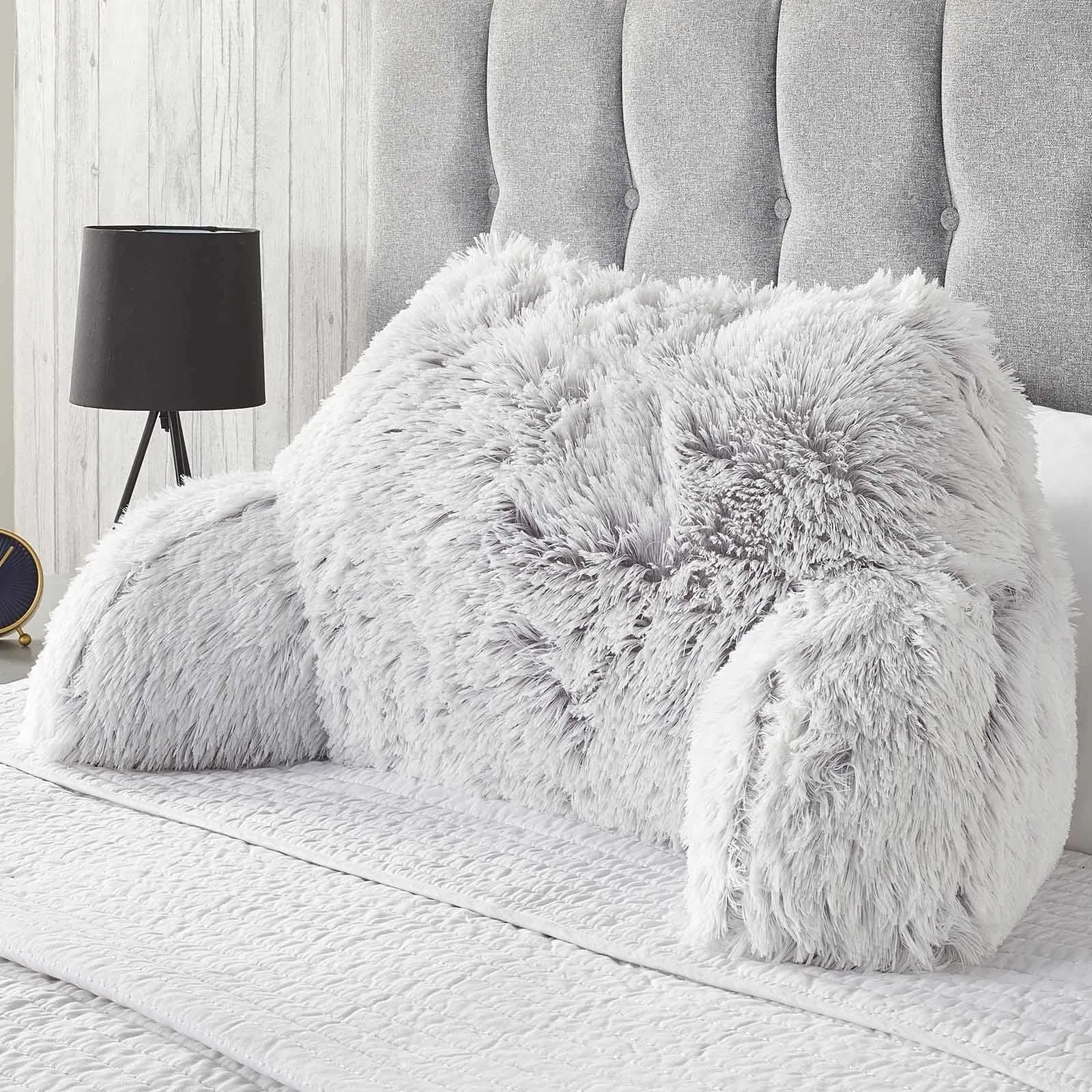 OHS Fluffy Fleece Reading Cushion Pillow with Arms Lumbar Chair Support in Grey