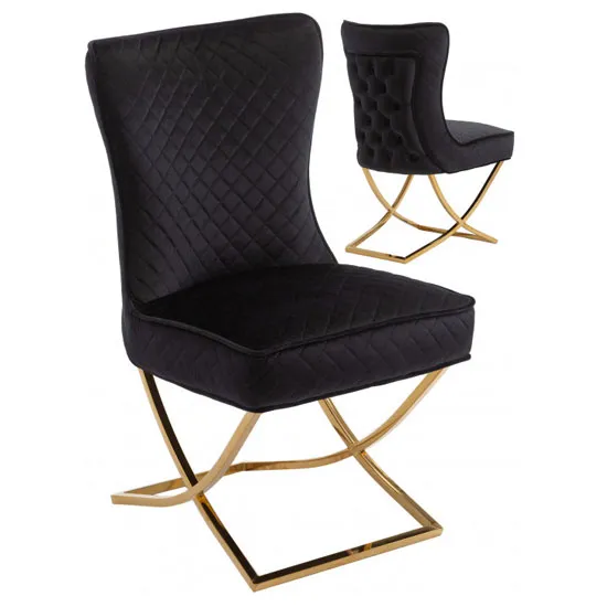 Lorenzo Black Velvet Dining Chairs In Pair With Gold Legs