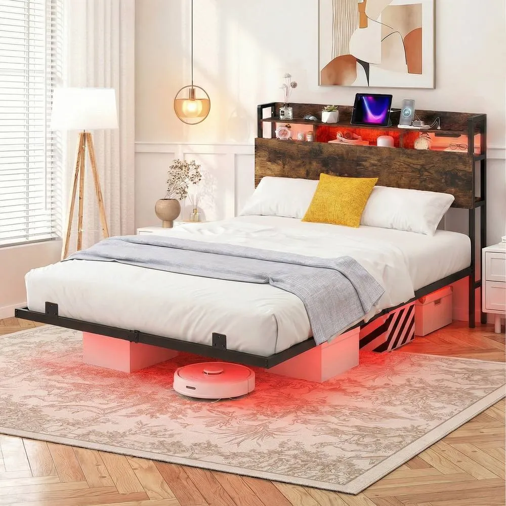 Costway King Size Floating Platform Bed Frame w/ LED Lights & Charging Station in Brown 5