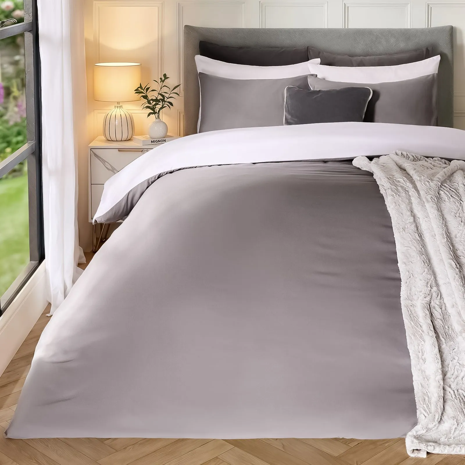OHS Plain Reversible Duvet Cover With Pillowcase Set in Light Grey